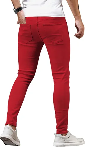 Vista 3 de HUNGSON Men's Blue Slim Fit Jeans Stretch Destroyed Ripped Skinny Jeans Side Striped Denim Pants