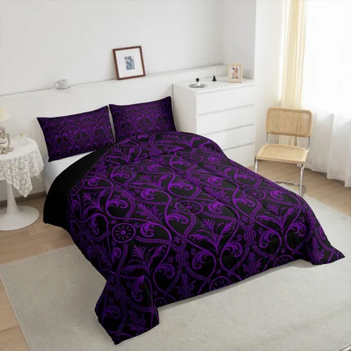 Vista 5 de Erosebridal Juego de edredón floral de color morado y negro degradado para niñas y mujeres, tamaño Queen, juego de ropa de cama gótico barroco