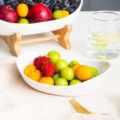 Vista 6 de YYW Cesta de frutas de cerámica de 3 niveles para almacenar frutas y verduras con soporte de frutas de porcelana de madera de bambú para encimera