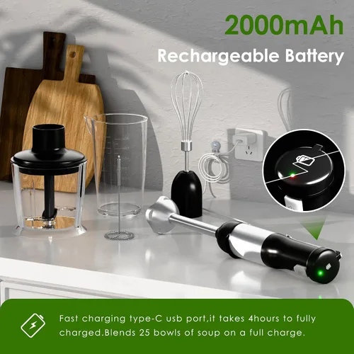 Vista 4 de Batidora de mano de inmersión inalámbrica, 5 en 1 de velocidad variable de mano, recargable con batería de 2000 mAh, sin BPA y accesorios aptos