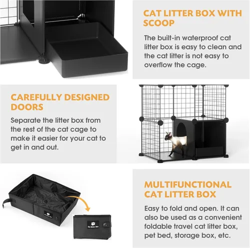 Vista 6 de PAWING Recinto para gatos para interiores con caja de arena, jaula de alambre de metal de 3 niveles, diseño desmontable para gatos, gatitos