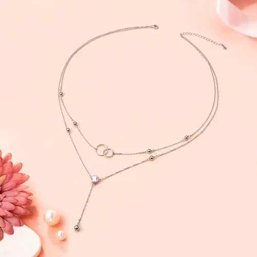 Vista 4 de FLYOW Regalos de Navidad, collar en capas de plata de ley S925 con lágrima, doble gargantilla Y Lariat, collar largo, regalos de cumpleaños
