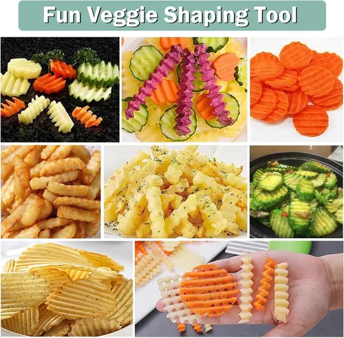 Vista 4 de FANTEXY Cortador de arrugas para verduras, cortador de patatas para papas fritas, hoja de acero inoxidable, cortador de papas fritas y arrugados