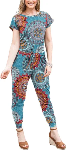Vista 3 de DouBCQ Mono de manga corta, con cintura elástica y bolsillos, informal, para mujer