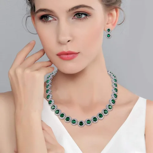 Vista 2 de EVER FAITH Precioso collar de circonita cúbica de corte redondo con piedra natal para novia, aretes y pulseras de tenis, juego de joyas de boda