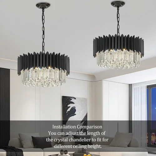 Vista 3 de Candelabro de cristal negro de 20 pulgadas, K9, luces colgantes redondas, ajustables, de 4 niveles, gran lámpara de cristal moderna, 6 luces
