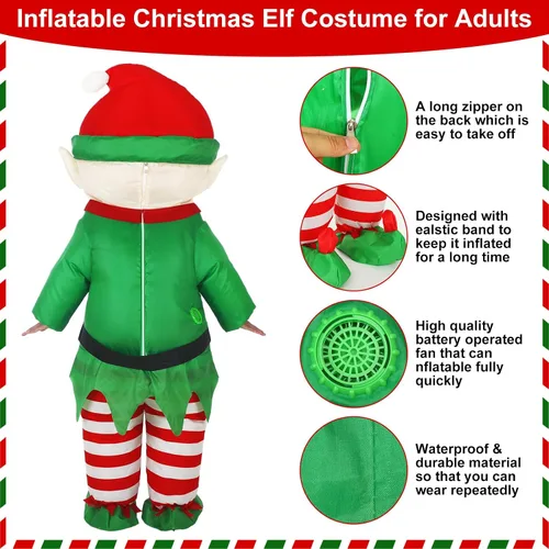 Vista 2 de Liliful Disfraz inflable de elfo de Navidad para adultos, divertido disfraz para adultos, hombres y mujeres, Navidad, Halloween, vacaciones, fiesta