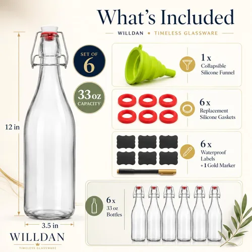Vista 4 de Botellas de vidrio con tapa abatible [1 litro / 33 onzas líquidas] [Paquete de 4] - Botellas de coquito con tapa abatible para kombucha