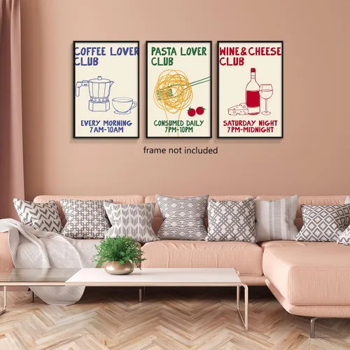 Vista 4 de Divertido póster de lienzo de cocina, arte de pared retro del club amante del café, imagen adorable del club de amantes de la pasta, pintura vintage