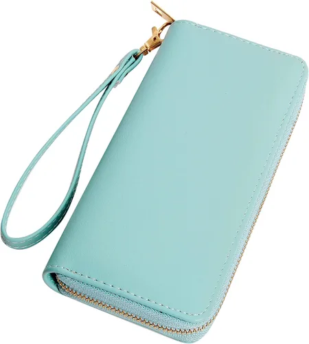 Vista 12 de VOCUS Cartera de mujer con bloqueo RFID de cuero PU con cremallera alrededor, gran cartera de viaje larga, con tarjetero y tira para la muñeca Marrón
