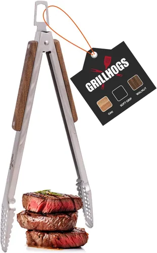 Vista 8 de Pinzas para barbacoa de acero inoxidable 18/0 de 9 pulgadas con mango ergonómico de madera de roble real para cocinar, accesorio duradero