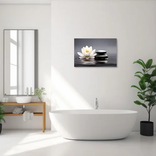 Vista 4 de QIXIANG Arte de pared Zen con piedras negras y flores de loto blanco, impresiones sobre lienzo para yoga, spa, meditación, decoración de baño