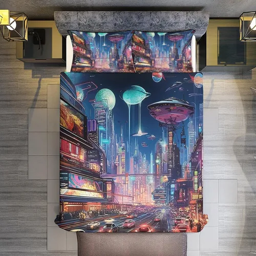 Vista 7 de Landscape Duvet Cover Full Size, Ultra Soft Microfiber Cityscape Bedding Set, 3 Pieces Night Scenery Pattern Comforter Cover Set with Zipper Closure