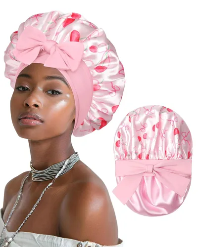 Vista 23 de Gorro de satén para mujeres, gorros de seda para dormir, gorro para cabello rizado con banda elástica con lazo, reversible de doble capa, gorro