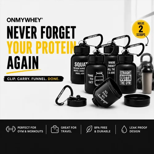 Vista 2 de ONMYWHEY Embudo de llavero de proteína y suplemento de doble cucharada (180 cc) para mirar en el espejo