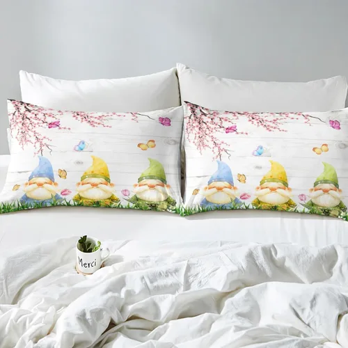 Vista 4 de Manfei Sábana bajera ajustable de flor de durazno, tamaño individual, funda de cama de gnomo de primavera con 1 funda de almohada, juego de ropa