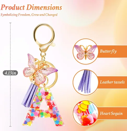 Vista 7 de SIGZKK Llavero con letra inicial de mariposa morada con borla para niñas y mujeres, llavero de corazón para mochila, cartera escolar, bolso