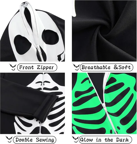 Vista 5 de Lovekider Disfraz de esqueleto para niños que brillan en la oscuridad para Halloween, overol aterrador para niños y niñas, overol de cosplay