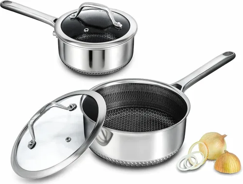 Vista 9 de Cacerola híbrida antiadherente de 1.5 cuartos de galón con tapa, olla de panal de acero inoxidable con dos boquillas de vertido, compatible