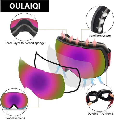 Vista 6 de OULAIQI Gafas de esquí de nieve, protección OTG UV400, anti niebla, esquí, patinaje, snowboard, gafas de snowboard para hombres, mujeres y jóvenes