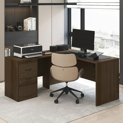 Vista 15 de Furinno Roger 60 Inch Executive Desk with File Cabinet, Home Office Desk with 3-Drawer Fixed Pedestal Filing Cabinet, Desk Cord Grommet, for Home