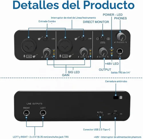 Vista 2 de ZUZONG Interfaz de audio interfaz de audio preamplificadores de micrófono con alimentación fantasma de 48 V 24 bits compatible con grabación