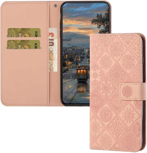 Vista 11 de Funda compatible con iPhone 12 Mini con tarjetero de cuero con tapa abatible, estampado retro con función atril, funda protectora magnética