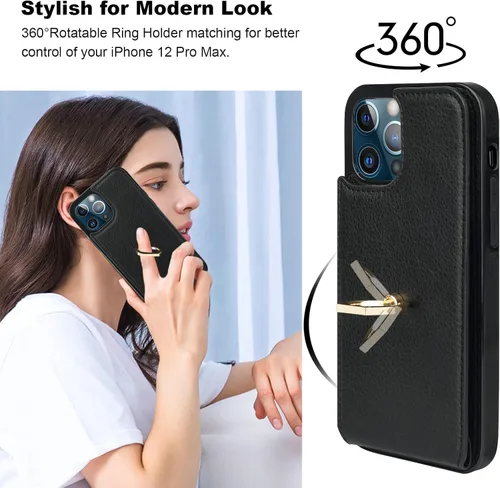 Vista 3 de Folosu Funda compatible con iPhone 12 Pro Max con soporte para tarjetas, rotación de 360°, soporte de anillo de dedo con función atril, protección