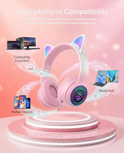 Vista 5 de Auriculares plegables inalámbricos Bluetooth 5.1 con luz LED, VIGROS estéreo, música, sonido envolvente con micrófono AUX para PC, pad, móvil