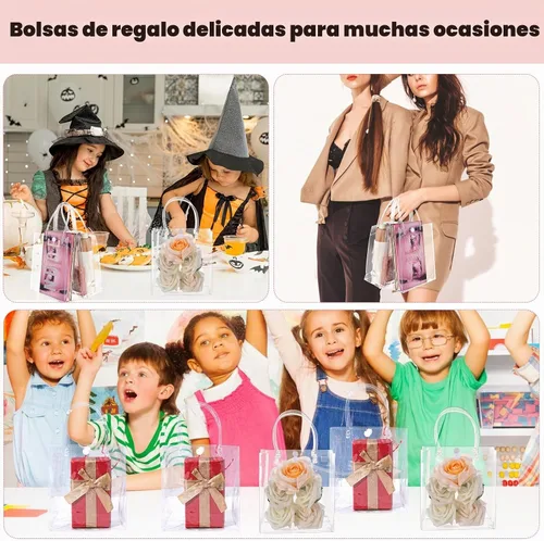Vista 7 de Limbeuuu 60 bolsas de regalo de plástico transparente con asas, pequeñas bolsas de regalo reutilizables de PVC transparente para compras, recuerdos