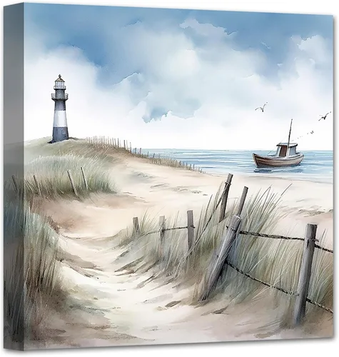 Vista 10 de LZIMU Arte de pared costero, silla de playa junto al mar, impresión en lienzo, pintura relajante de paisaje marino, arte de orilla relajante azul