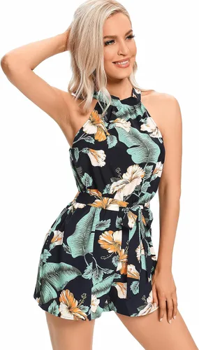 Vista 4 de LYANER Mono corto sin mangas con estampado floral y cuello halter y lazo en la espalda para mujer