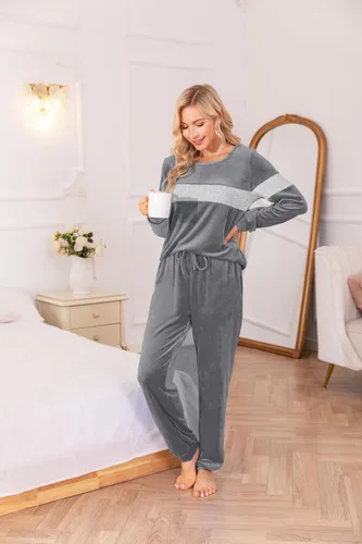 Vista 3 de Ekouaer Conjunto de chándal casual de terciopelo para mujer, pijama de manga larga, suave, conjunto de chándal para correr
