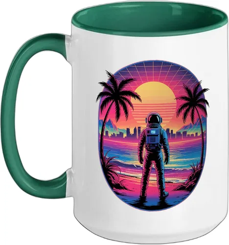 Vista 10 de Vaporwave Synthwave Astronaut Spaceman Science Space Ceramic Mug, Black/White, 11oz