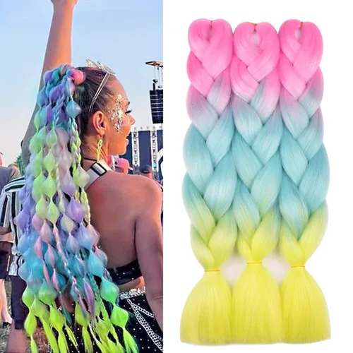 Vista 9 de BACANA Extensiones de cabello para trenzar en 4 tonos, degradado verde y rosa, extensiones de cabello colorido para trenzar, trenzas para niños