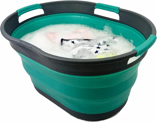 Vista 4 de SAMMART Cesta plegable de plástico para la ropa sucia de 25 L (6.6 galones) - Contenedor/organizador plegable - Tina de lavado portátil - Cesto que