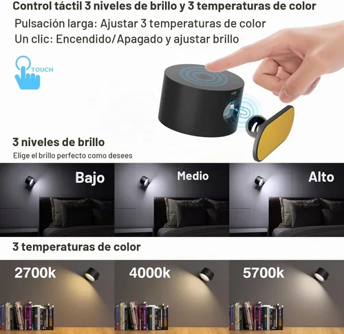 Vista 4 de AKSDA Luces de Lectura LED, Apliques de Pared Montados con 3 Temperaturas de Color y 3 Niveles de Brillo, Control Táctil Operado por Batería