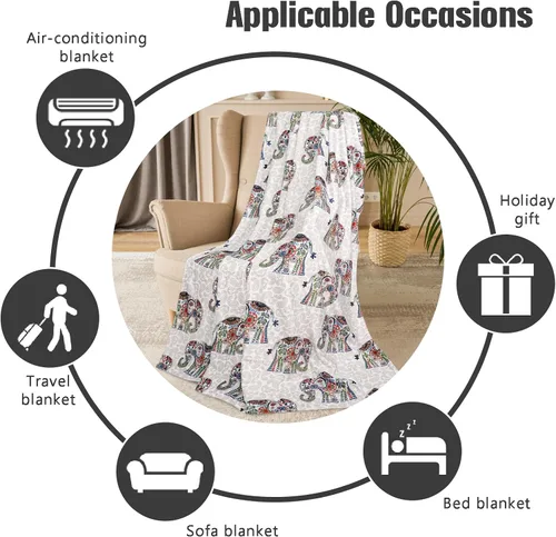 Vista 7 de Manta de franela de 50 x 60 pulgadas, manta de elefante bohemio bohemio floral para sofá, cama, regalos de elefantes para mujeres y adultos