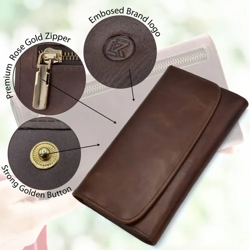Vista 4 de Leather SR Cartera de cuero de grano superior RFID para mujer, con aspecto vintage resistente con 13 ranuras para tarjetas, 2 compartimentos