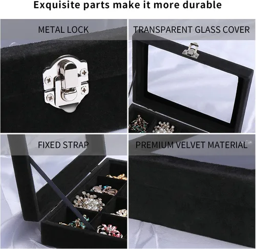 Vista 5 de STYLIFING Bandeja de terciopelo para joyas de 12 rejillas, tapa transparente, vitrina de joyería con cerradura para niñas y mujeres
