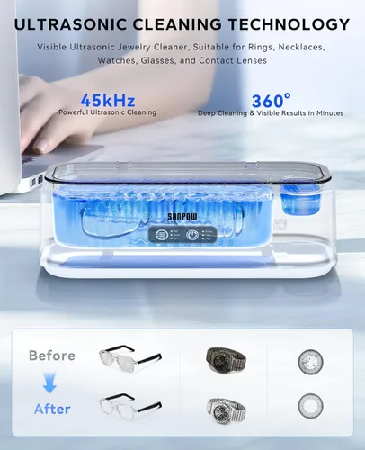 Vista 8 de SUNPOW Máquina Limpiadora Ultrasónica de Joyería – Cámaras Duales para Lentes de Contacto y Joyas, Limpiador Sónico de 45kHz para Plata y Oro