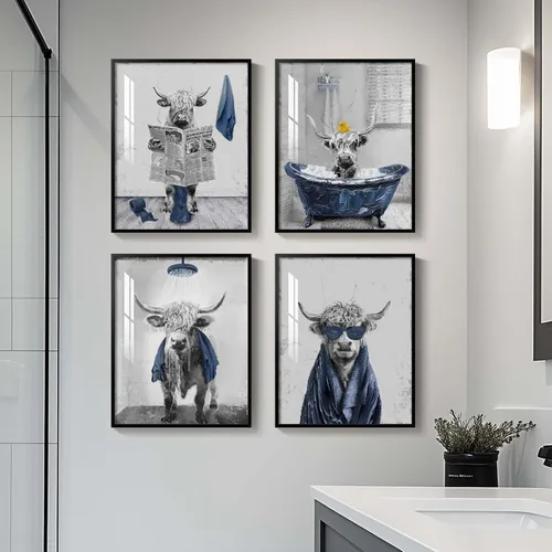 Vista 16 de Arte de pared divertido de vaca de las tierras altas enmarcado para baño, 4 piezas de divertidos animales, impresiones artísticas azul marino, linda