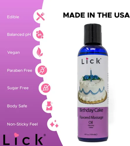 Vista 4 de Lick Aceite de masaje con sabor a pastel de cumpleaños, aceite de masaje comestible inspirado en dulces celebraciones con aceite de almendras