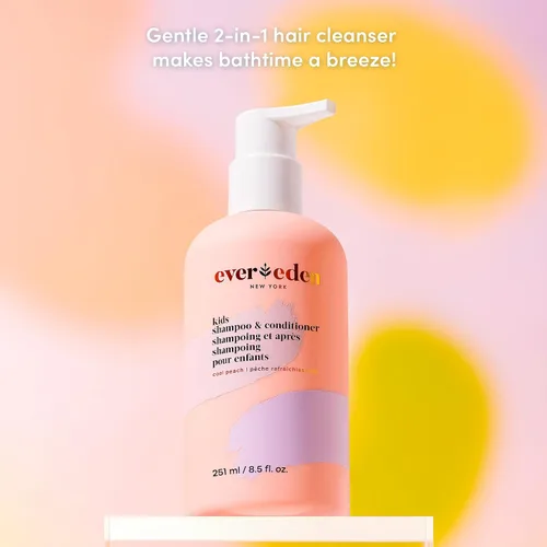 Vista 3 de Evereden Mini Kids Shampoo and Conditioner 2 en 1: Melocotón fresco, 1.7 fl oz. Vegano y cuidado suave para niños Champú y acondicionador
