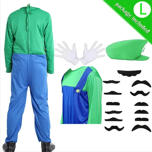 Vista 3 de PUVKVE Disfraz de Super Brothers, disfraz de Halloween para adultos, niños, fontanero, cosplay, overoles con accesorio