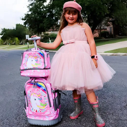 Vista 2 de Tilami Mochila rodante con diseño de ruedas de carretilla, lindo estampado de dibujos animados para niños y niñas, viajes, escuela, viaje