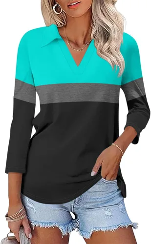 Vista 6 de TICTICMISS - Camisas polo de cuello en V para mujer, manga 3/4, con cuello, tops casuales de negocios, tops de verano a la moda, holgados