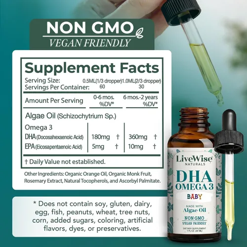 Vista 2 de Omega 3 DHA Baby Drops Vegan Liquid Omega 3, 60 porciones, 1 oz