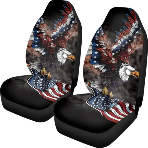 Vista 22 de ELEQIN 250 fundas de asiento delantero de automóvil con bandera patriótica estadounidense, paquete de 2 protectores de asiento de poliéster suaves