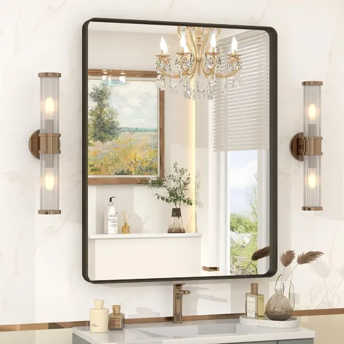 Vista 35 de Espejo rectangular para pared de baño de 20x30 pulgadas con marco negro mate, espejo de tocador con esquinas redondeadas, espejo de baño de metal